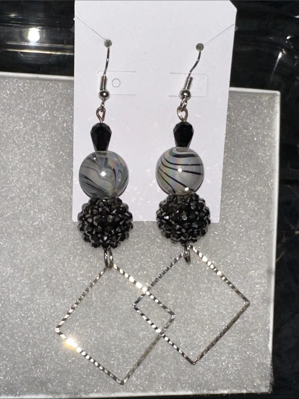 Handmade Earrings! Black and Silver Swirl Bead Dangle Earrings